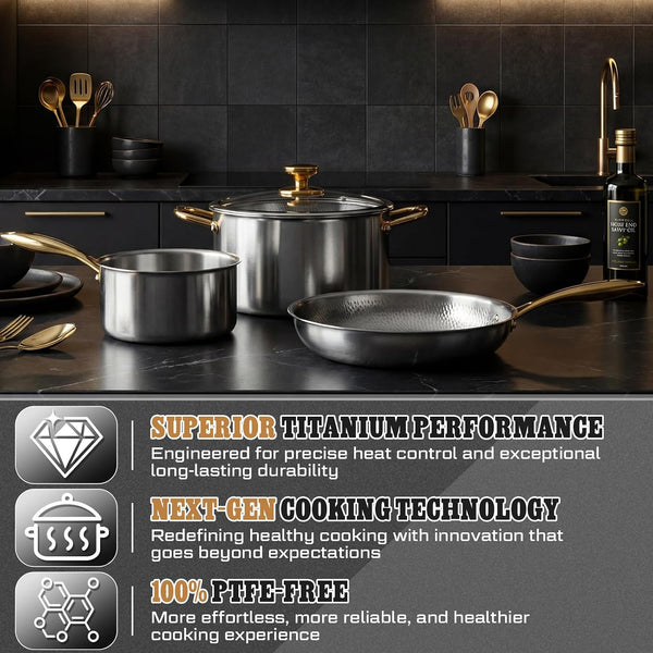Titanium Pots and Pans Set,6 Pcs,Essential Cookware Set | Titanium Pans for Cooking with Lids, Spoon, Spatula, Triply Titanium No Coating for Induction, Cooktops, Safe up to 1000°F2