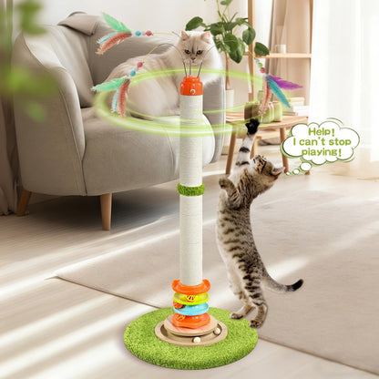 YARUOMY Tall Cat Scratching Post，40'' Cat Scratcher Tree Cat Toys for Indoor Cats with Cat Toys 4-Tier Roller Track，Automatically Rotating Cat Teaser Wand，Hanging Balls for Kittens Adults Cats4