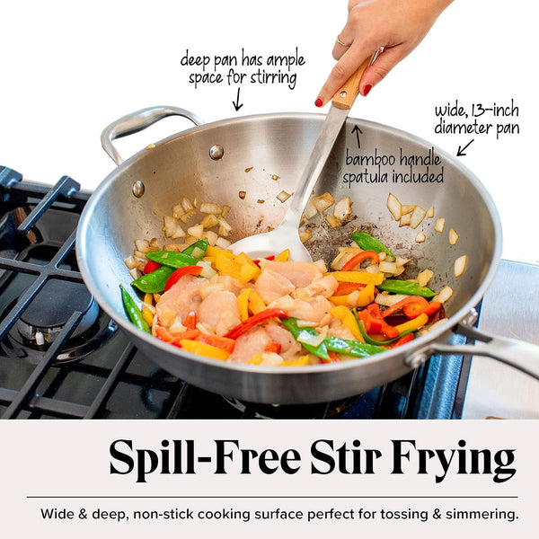 Stainless Steel Flat Bottom Wok Pan, Professional Traditional Stir Fry Cookware W/Domed Lid & Spatula, Low Maintenance Rust & Scratch Resistant for Induction Gas Electric Stove Top6