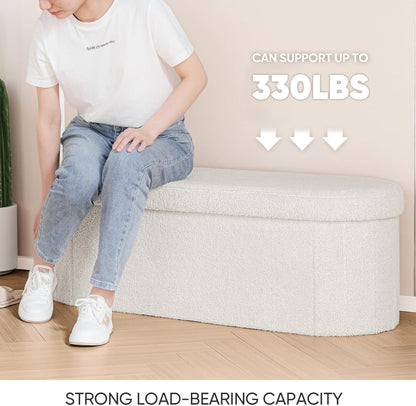 Ottoman with Storage for Living Room, Sherpa Folding Storage Ottoman Foot Rest, 43.3 Inches Collapsible Bedroom Bench White Cream5