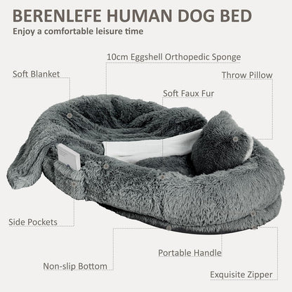 71" Human Dog Bed for Adult, Giant Orthopedic Memory Foam Dog Sofa Bed, Large Oversize Washable Faux Fur Pet Couch with Plump Pillow, Blanket, Strap - Dark Grey3