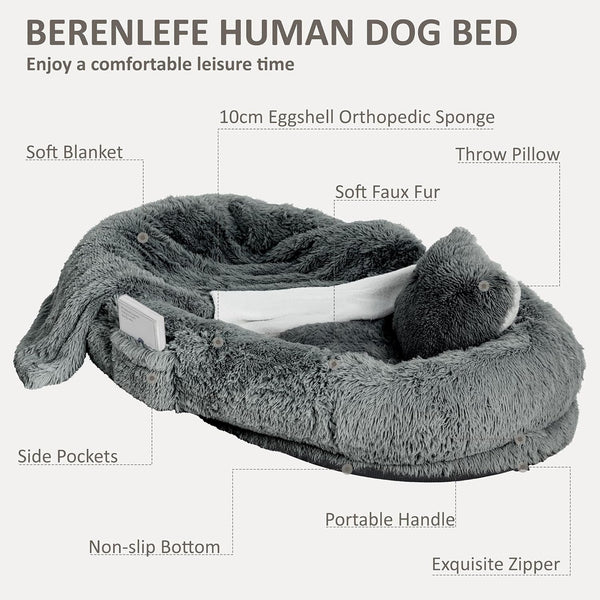 71" Human Dog Bed for Adult, Giant Orthopedic Memory Foam Dog Sofa Bed, Large Oversize Washable Faux Fur Pet Couch with Plump Pillow, Blanket, Strap - Dark Grey3