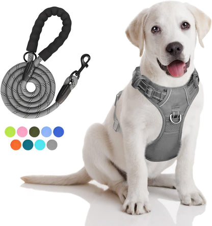 Poypet No Pull Dog Harness and 5 Feet Leash Set, Release on Neck Reflective Adjustable Pet Vest, Front & Back 2 D-Ring and Soft Padded Pet Harness with Handle for Small to Large Dogs(Grey,L)14