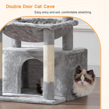 Heybly Cat Tree, Kitten Tower with Large Soft Cat Basket,Cat Condo with Spacious Cat Bed Cave with Hidden Space，Sisal-Covered Scratching Posts,Dangling Ball for Indoor Cats, Light Gray HCT008SW4
