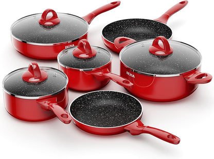 Pots and Pans Set Non Stick, Induction Cookware Set 10-Piece, Red | Stay-Cool Bakelite Handles, Pfoa-Free Nonstick Healthy Cooking Set with Frying Pans, Saucepans & Stockpot, for All Stovetops1