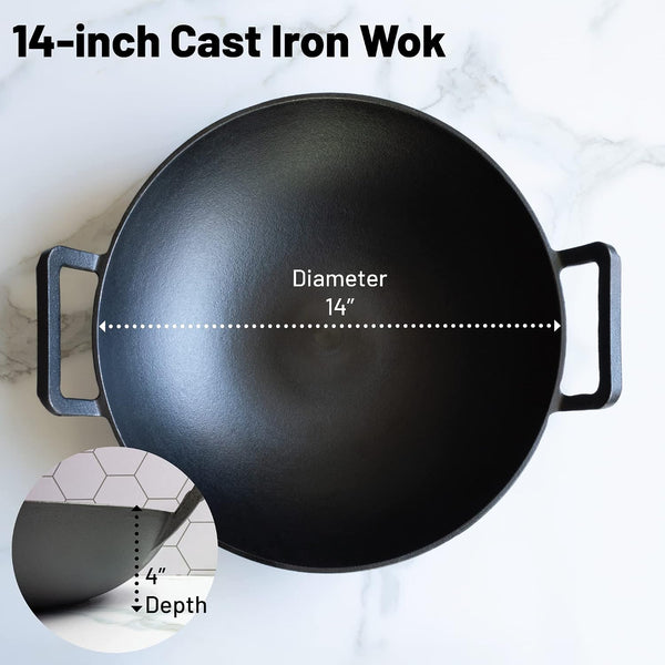 14 Inch Cast Iron Wok with Flat Base and Handles2