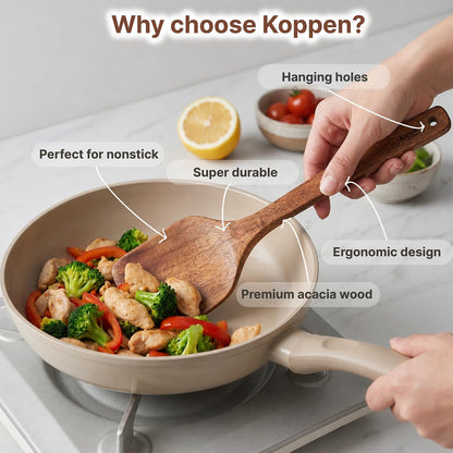Koppen Dishwasher Safe Wooden Kitchen Utensils Set, 7 Pcs Acacia Wood Spoon Utensils for Nonstick Cookware, Resist Water Absorption & Crack, Long-Lasting, Non-Toxic for Cooking, Spatula, Ladle, Pasta6