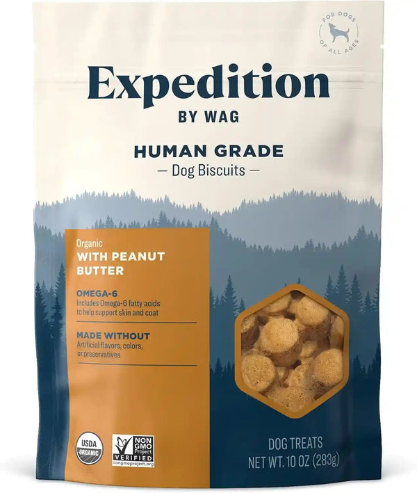 Amazon Brand - Wag Expedition Human Grade Organic Biscuits Dog Treats, Non-Gmo, Pumpkin & Chia Seed, 10 Oz, Pack of 18