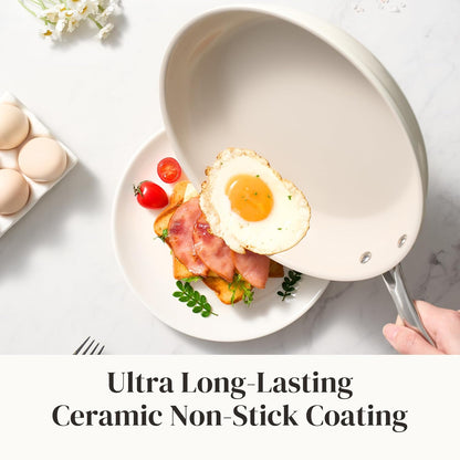 Nonstick Cookware Sets, Frying Pan Set with Tempered Glass Lids, Ceramic Cookware Set, Stay-Cool Handles, Dishwasher & Oven Safe, Compatible with All Cooktops, Beige (8+9.5+11 Inch)2