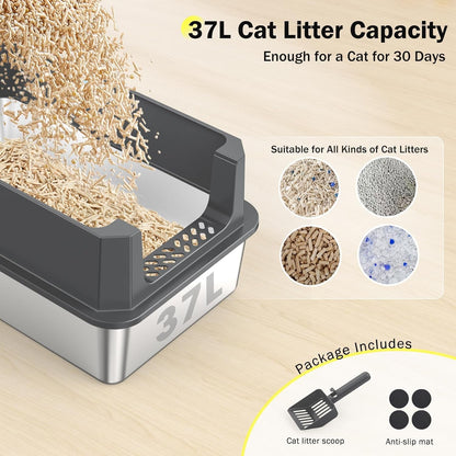 Stainless Steel Litter Box, Extra Large Litter Boxes for Big Cats, Xlarge Metal Cat Litter Box with Lid, Anti-Urine Leakage XL Box with High Sides, Easy Clean, Non-Sticky, Scoop Included6