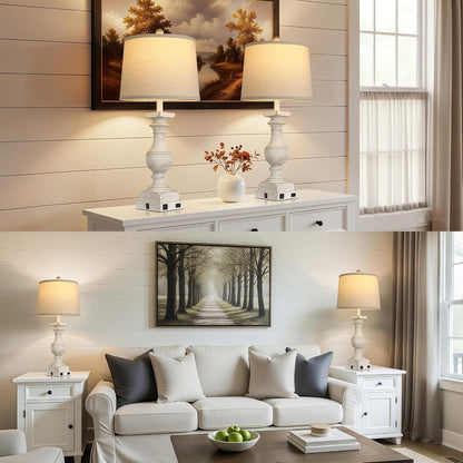28'' Washed White Resin Table Lamp Set of 2,Beside Lamp with USB Port | Rocker Switch, 2 Bulbs Included, 6W, 2700K Warm Light, Farmhouse Bedside Lamp for Nightstand, Desk, Livingroom, Bedroom Decor7
