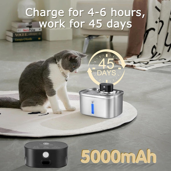 5L/169Oz Automatic Stainless Steel Pet Water Fountain for Cats & Dogs, Cordless Cat Dog Drinking Fountain with 5000Mah Rechargeable Battery, Ultra-Quiet Pump & 3 Smart Modes2