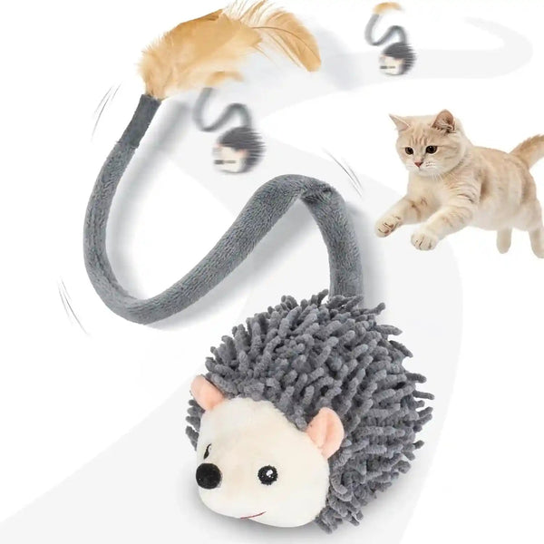 Migipaws Interactive Hedgehog Cat Toy 360° Rolling & Spin with Soft Plush Tail for Indoor Cats Smart Motion Sensor, Realistic Squeak, Rechargeable Plush Kitten Toy (Grey)1