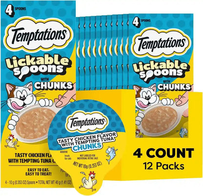 Temptations Lickable Spoons Wet Cat Treats, Chicken with Tuna, 4 Ct, 12Pk | 48 Spoons Total, Mess-Free Creamy Puree, Dual-Flavor per Spoon, Hand-Feed or Use as Food Topper, Real Chicken & Tuna1
