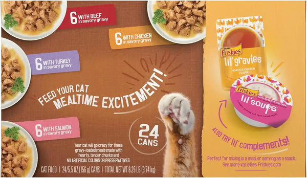 Purina Friskies Extra Gravy Wet Cat Food Chunky 24Ct Variety Pack (With Chicken, Turkey, Salmon, Beef) - (Pack of 24) 5.5 Oz. Cans11