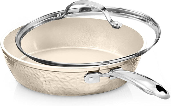 Hammered 10 Inch Non Stick Frying Pans with Lid, Frying Pans Nonstick with Lid, Non Toxic PFOA PFOS Free, Skillet Pan for Cooking, Induction Oven and Dishwasher Safe – Cream1