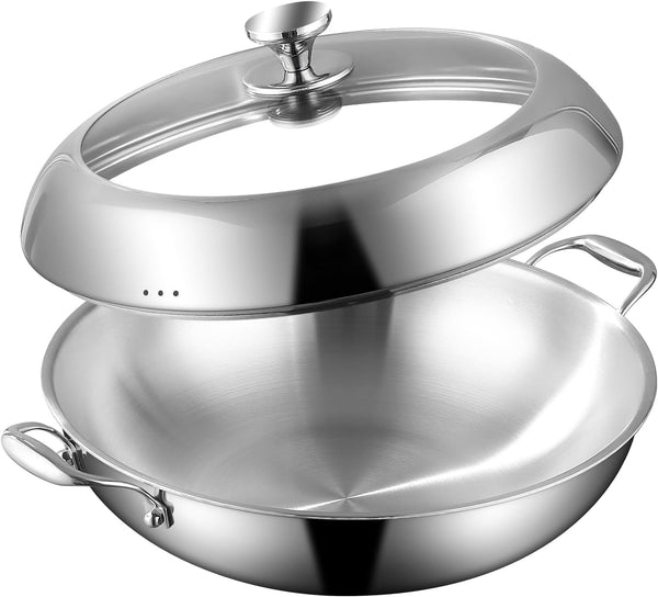 Tri-Ply Stainless Steel Wok Pan with Lid 14Inch, Healthy Non-Toxic Flat Bottom Induction Wok, Stir Fry Pan for Glass Top Stove up to 600℉(Not Including Lid1