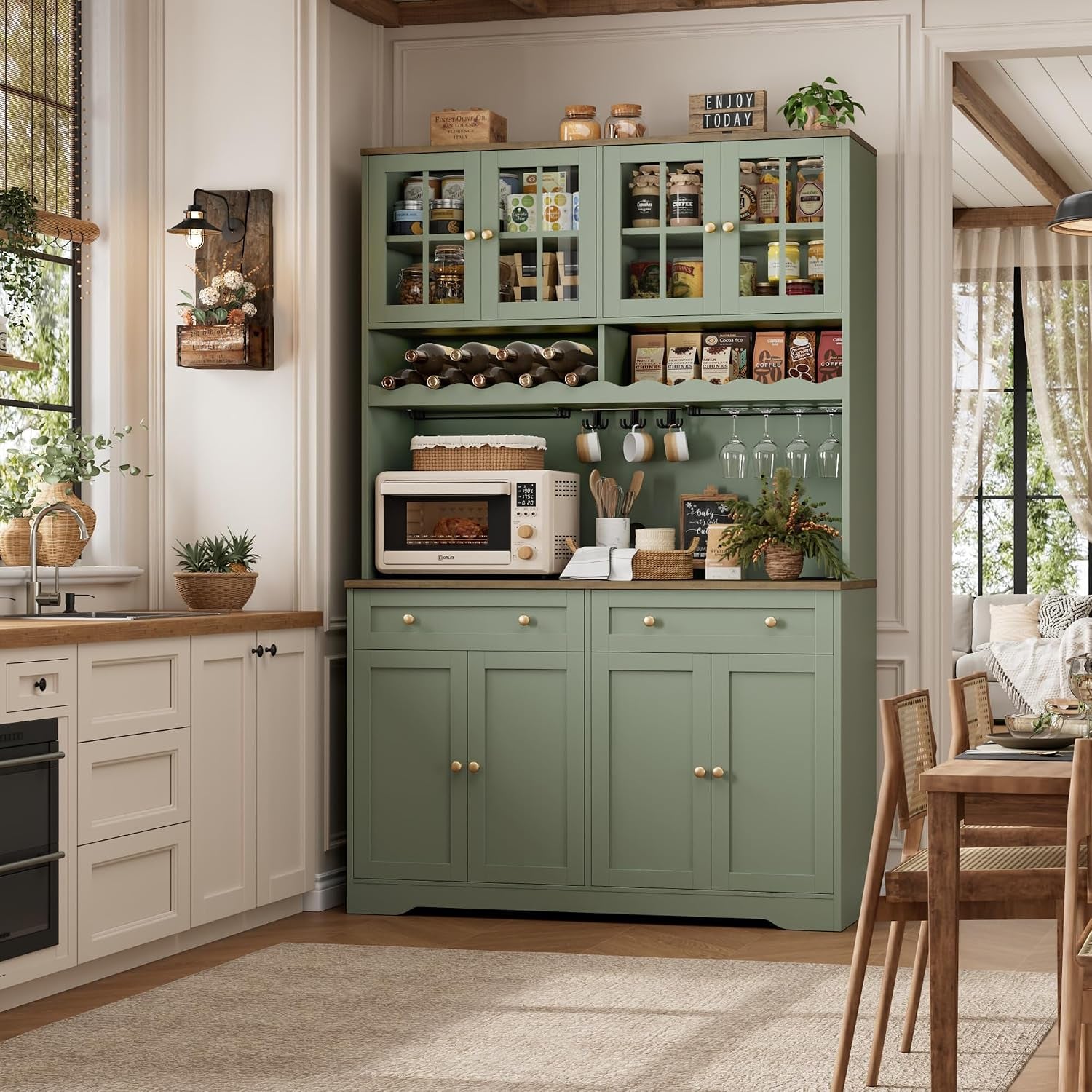 75-kitchen-pantry-storage-cabinet-coffee-bar-hutch-cabinet-green-tall-pantry-cabinet-with-charging-station-wide-countertop-glass-doors-wine-rack-cup-holder-drawers-dining-room