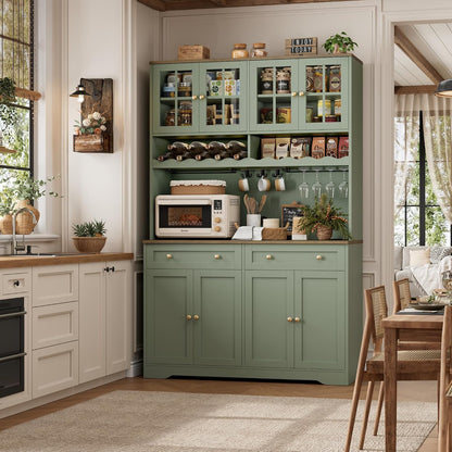 75" Kitchen Pantry Storage Cabinet, Coffee Bar Hutch Cabinet, Green | Tall Pantry Cabinet with Charging Station / Wide Countertop / Glass Doors / Wine Rack / Cup Holder / Drawers, Dining Room4