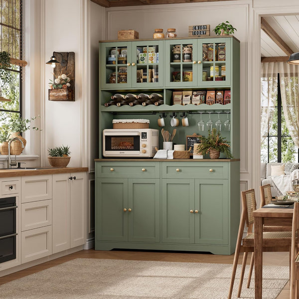 75" Kitchen Pantry Storage Cabinet, Coffee Bar Hutch Cabinet, Green | Tall Pantry Cabinet with Charging Station / Wide Countertop / Glass Doors / Wine Rack / Cup Holder / Drawers, Dining Room4