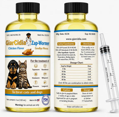 No More Worms in Cats and Dogs- Dewormer for Cats and Dewormer for Dogs - Chicken Flavour 120 Ml / 4 Oz Glass Bottle – Includes 3 Ml Dropper with Cap (Chicken Flavor)8