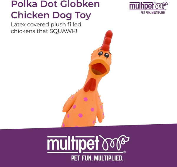 Multipet Polka Dot Globken Chicken Latex Dog Toy - Squeaky Toy for All Dogs - Easy-To-Clean Squeaky Toys - Latex Dog Toys for Playing (1 Count, 11.5”, Random Color Surprise)2