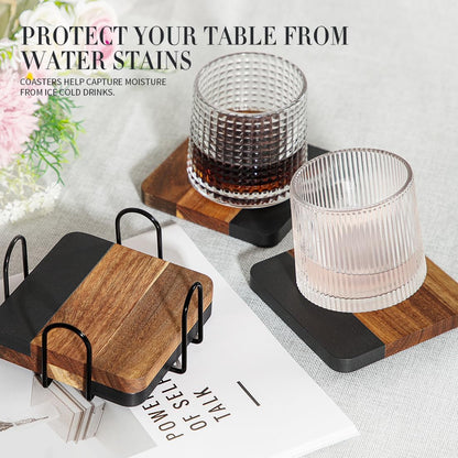 Black Marble Wood Coasters with Holder for Drinks Set of 4, Square Non-Slip Wooden Stone Coaster Coffee Table Accessories Manly Coaster for Men Coffee Table, Bar, Office - Rustic Modern4