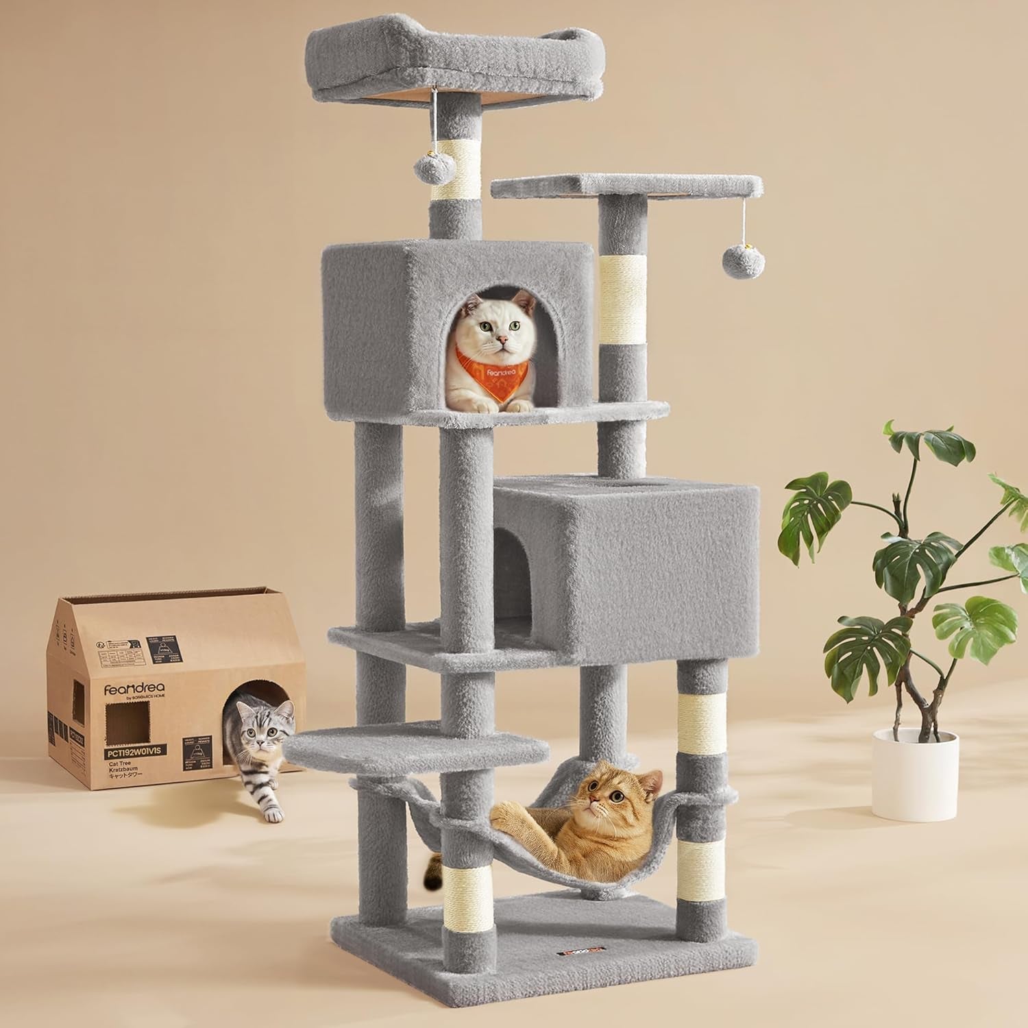 feandrea-cat-tree-59-5-inch-tall-cat-tower-plush-multi-level-condo-with-5-scratching-posts-2-perches-2-caves-hammock-2-pompoms-light-gray-upct192w01