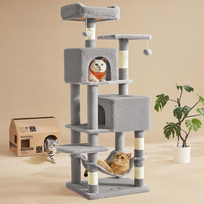 Feandrea Cat Tree, 59.5-Inch Tall Cat Tower, Plush Multi-Level Condo with 5 Scratching Posts, 2 Perches, 2 Caves, Hammock, 2 Pompoms, Light Gray UPCT192W011