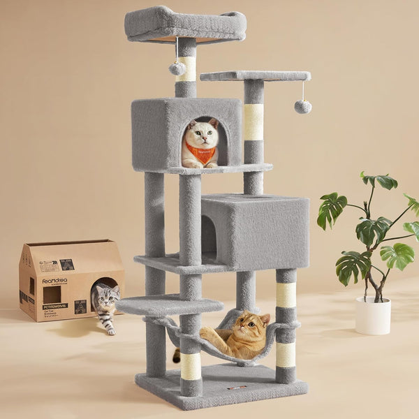 Feandrea Cat Tree, 59.5-Inch Tall Cat Tower, Plush Multi-Level Condo with 5 Scratching Posts, 2 Perches, 2 Caves, Hammock, 2 Pompoms, Light Gray UPCT192W011