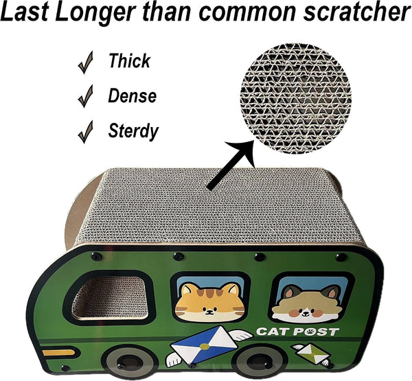 Cat Scratching House, Cat Cardboard House Green Bus, Long Scratching Post, 9X11.8X22 Inches, Fun Cube & Tunnel, Peekaboo Hideaway for Indoor Cats6
