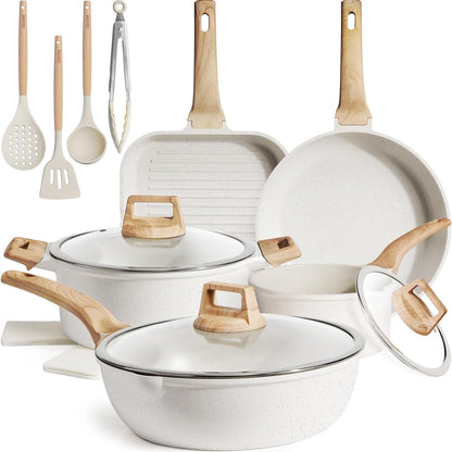 16Pcs Ceramic Pots and Pans Set Non Stick, Includes a 9.5" Grill Pan, Induction Kitchen Cookware Sets, White Nonstick RV Kitchen Camping Cooking Sets Stackable (PTFE, PFOS, PFOA Free)1