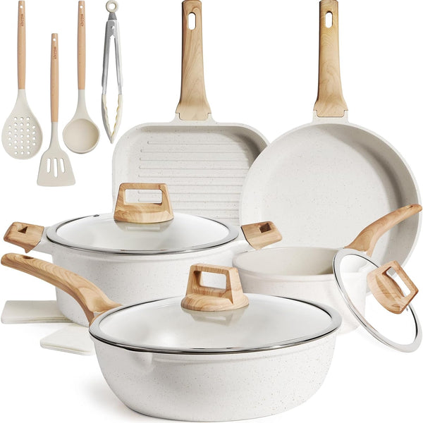16Pcs Ceramic Pots and Pans Set Non Stick, Includes a 9.5" Grill Pan, Induction Kitchen Cookware Sets, White Nonstick RV Kitchen Camping Cooking Sets Stackable (PTFE, PFOS, PFOA Free)1