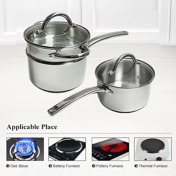 Stainless Steel Saucepan Glass Lid Casting Steel Handle Induction Impact Bonded 8 PCS Set Steamer4