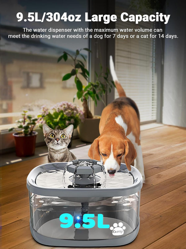 Kastty 2.5Gal/9.5L Dog Water Fountain Extra Large Pet Water Fountain 3 Flow Modes Cat Water Fountain Larger Filter Filtration& Smart LED Pump& Safe Touch, Bpa-Free, Quiet for Large Dogs Pets FS682