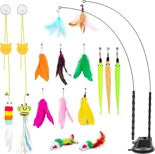 Depets Cat Wand Toy, 15 Pcs Interactive Cat Feather Toys for Indoor Self Play & Exercise, 2 Play Modes Kitten Teaser Wand, Reusable Suction Cup Kitten Toys1