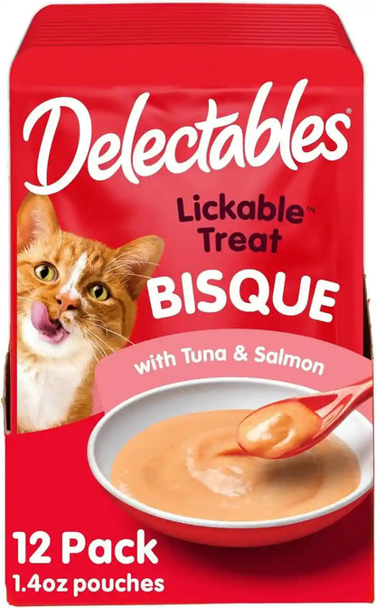 Delectables Lickable Treat Bisque Wet Cat Treat with Real Tuna & Salmon, Food Topper, Hydrating, Grain-Free, No Fillers, No By-Products, No Added Preservatives, 1.4Oz Pouch, 12Ct1