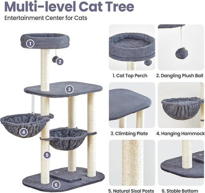 Small Cat Tree Tower with Lots of Scratching Posts - 42 Inch Medium Compact Cats Scratch House with Hammock Perch for Multi Level 2 Kitty - Indoor Corner Cat Bed Condo Climbing Gym Towers Furniture2