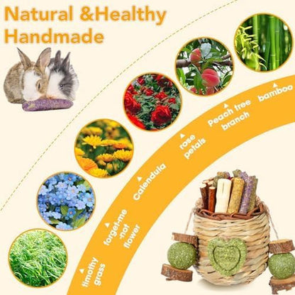 Jorewood Rabbit Chew Toys,Natural Hanging Basket with Sweet Bamboo,Timothy Hay,Peach Sticks for Bunny Chinchillas Guinea Pigs Hamsters Rats Teeth Grinding5