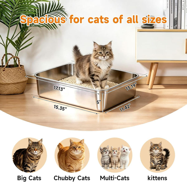 Stainless Steel Litter Box, Metal Litterpan for Small Cats Odor Free | Metal Litter Pan Tray Toilet Easy Clean Extra Large Leakproof Scoop Open Top Rust‑Proof Indoor Cats Kittens Low Entry Grey4