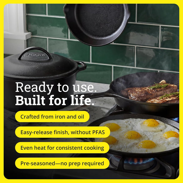 Cast Iron 5-Piece Set, Pfas-Free Pre-Seasoned Kitchen Set | Pfas-Free Cast Iron Set Includes Skillets, Griddle & Dutch Oven for Non-Toxic Everyday Cooking, Made in USA3