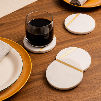 Marble Coasters with Gold Brass Inlay, White, Set of 6 | Real Natural Semi Absorbent Stone, Modern Luxury Decor for Coffee Table, Office Desk or Bar Cart2