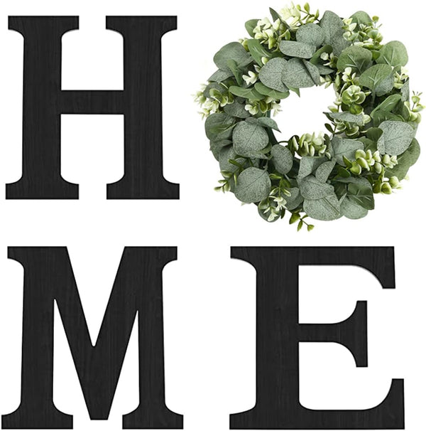 Wood Home Sign with Eucalyptus Wreath for O Home Decor Wall Decor | Hanging Farmhouse Wall House Decor Wood Letters for Wall Art Rustic Home Decor Wall Decor Living Room Kitchen Entryway Black1