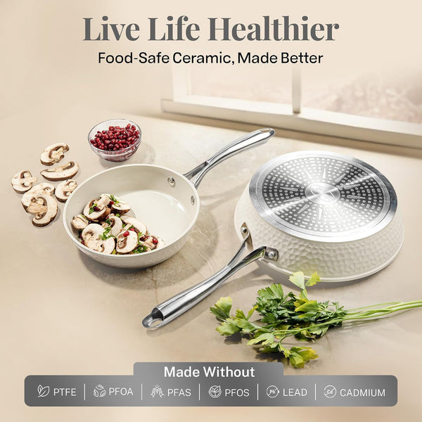 Hammered 10 Inch Non Stick Frying Pans with Lid, Frying Pans Nonstick with Lid, Non Toxic PFOA PFOS Free, Skillet Pan for Cooking, Induction Oven and Dishwasher Safe – Cream3