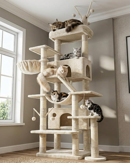 Hey-Brother Cat Tree Tower with Sturdy Supporting Posts, 2 Condos, MPJ082W- | 82.7 Inches Multi-Level Cat Tower with 5 Teaser Toys, Sisal Scratching Posts, Large Bed, Hammock for Indoor Cats, Light Gray11