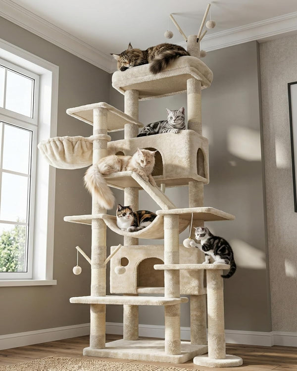 Hey-Brother Cat Tree Tower with Sturdy Supporting Posts, 2 Condos, MPJ082W- | 82.7 Inches Multi-Level Cat Tower with 5 Teaser Toys, Sisal Scratching Posts, Large Bed, Hammock for Indoor Cats, Light Gray11