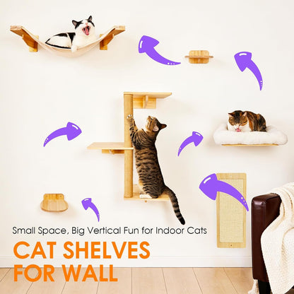 6In1 Cat Wall Shelves Climbing Systems, Large Cat Furniture Shelf Set Wall Hanging Mounted, Hammock Sisal Scratching Perch Bed 2 Steps Tower Tree for Indoor House Corner Ladder2