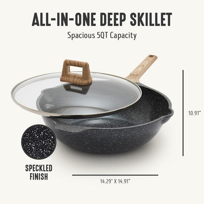 Nonstick 12” (5QT) All in One Deep Skillet Wok with Lid, Pfas-Free Non-Toxic Ceramic Multi-Purpose Pan, Induction, All Stovetop, Egg, Stir Fry, Saute, Stay Cool Handle, Granite Black3