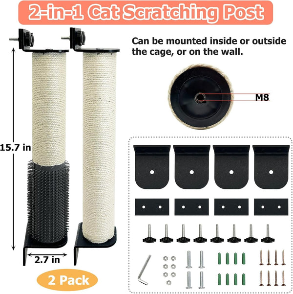 Cat Scratching Post Wall Mounted 2 Pack Cage Mount Cat Scratcher 2-In-1 Natural Sisal Kitty Scratch Posts with Self Groomer Massager for Scratch and Climbing 15.7X2.7In (White)2