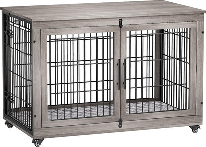Medium Dog Crate Furniture, 32'' Heavy Duty Kennel W/Cushion & Wheels | Grey, Double Doors, Wooden Dog Cage, Chew-Resistant, End Table, Decorative, 27"/32"/38"/44" Options, Indoor22